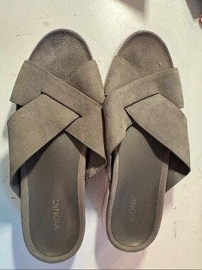 Vionic Taupe Crisscross Suede Slide Mules
